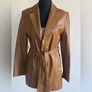 SH Leather Women’s 100% Lamb Leather Blazer Coat Camel Brown Belted Medium